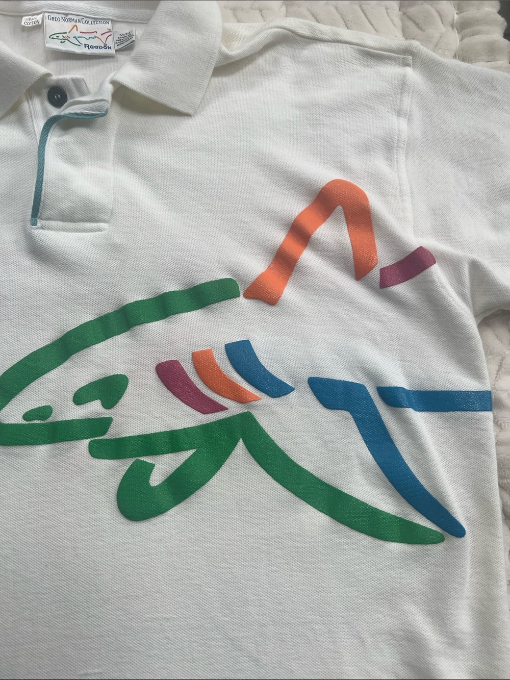 Reebok Vintage 90s Greg Norman White Polo Shirt Medium Wrap-Around Shark - Picture 3 of 8
